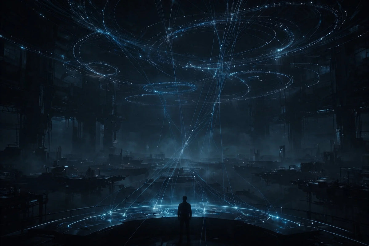 AI-augmented CSM with a glowing copilot console, dark cinematic abstract art