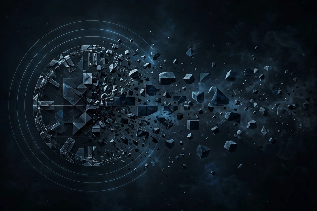 Abstract clock dissolving into dark geometric time blocks, dark cinematic art