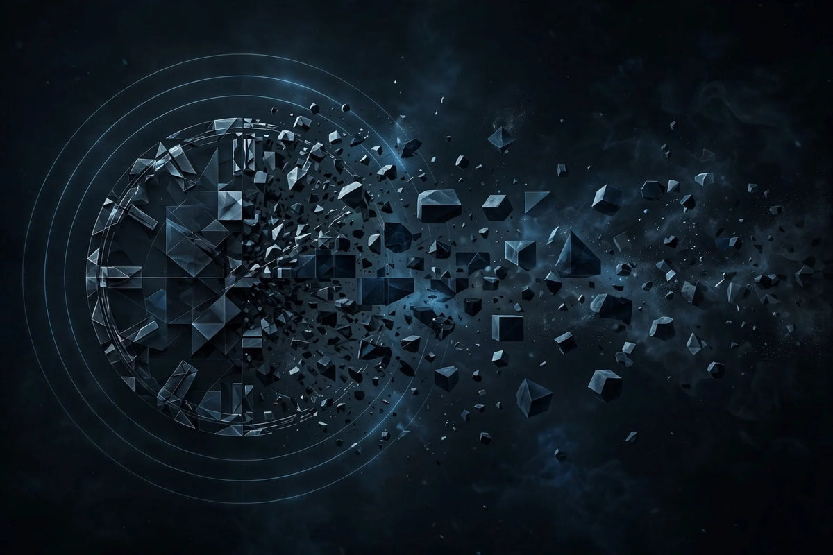 Abstract clock dissolving into dark geometric time blocks, dark cinematic art
