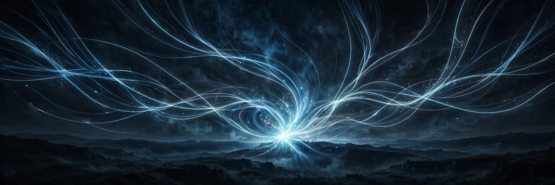 Glowing strands of light converging into a bright node in dark space, dark cinematic art