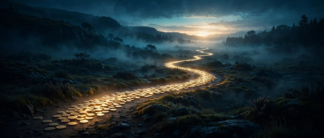 Winding path of glowing coins toward a dawn horizon, the FIRE movement journey