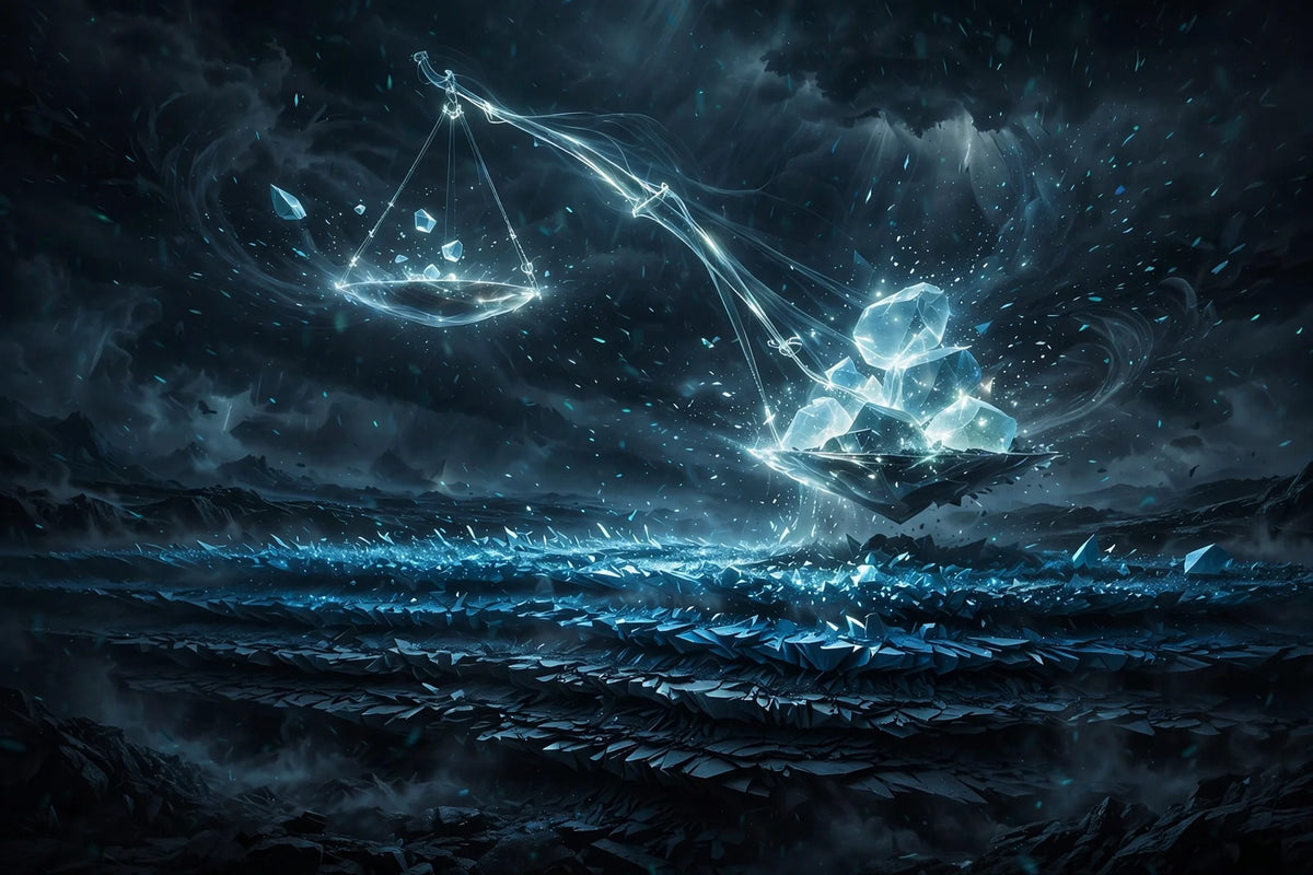 Glowing scale tipping in a dark storm of light shards, dark cinematic abstract art