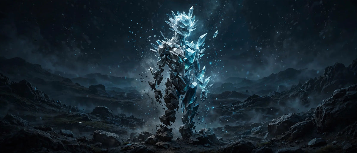 Humanoid figure of luminous shards transforming from stone to crystal, dark cinematic art