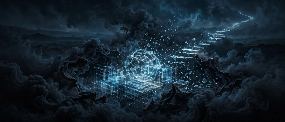 Dark smoke dissection revealing a glowing structured blueprint core, dark cinematic art