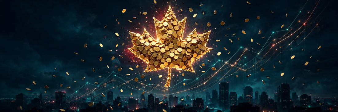 Maple leaf of glowing gold coins rising over a dark skyline, Canadian early retirement