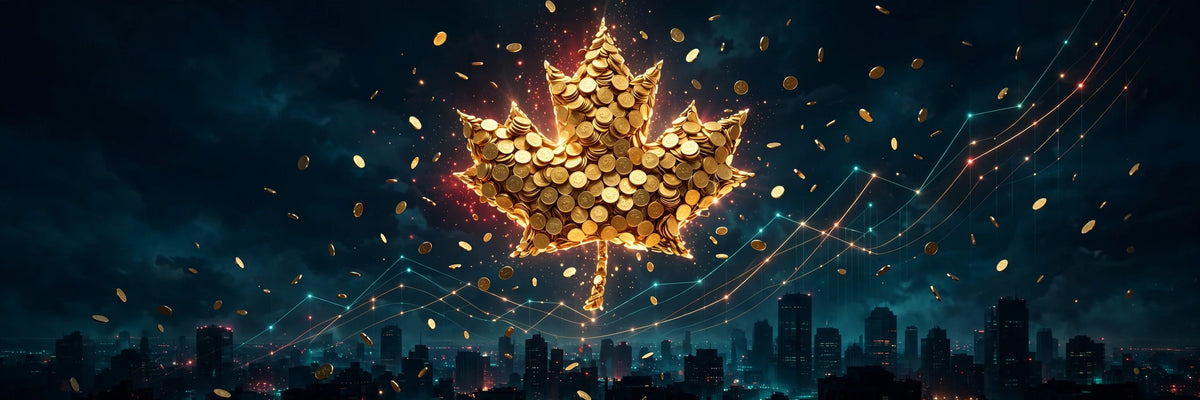 Maple leaf of glowing gold coins rising over a dark skyline, Canadian early retirement