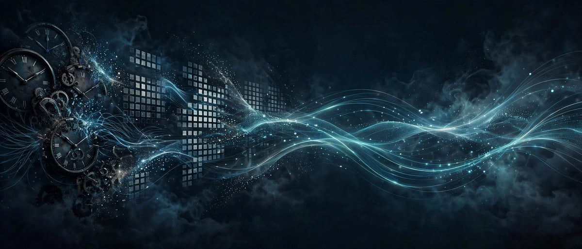 Dark cinematic hero image: clocks and calendar grids dissolving into time-zone light streams