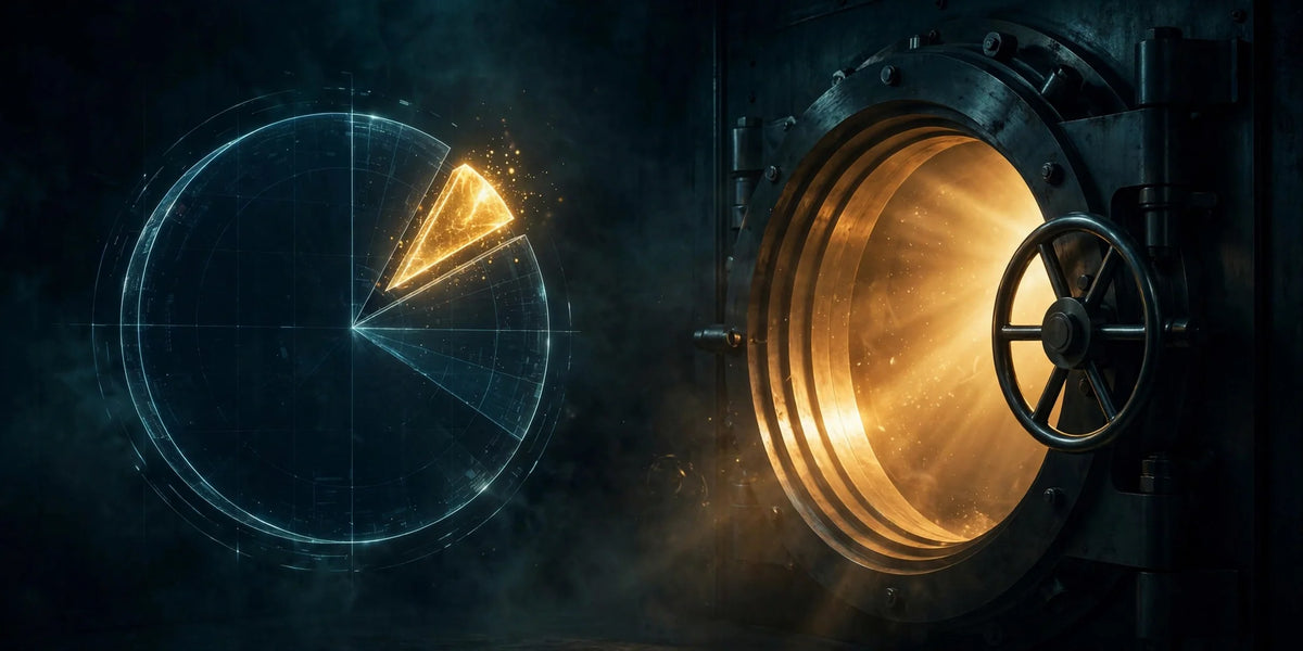 Glowing pie chart slice beside a dark vault radiating light, the 4% withdrawal rule