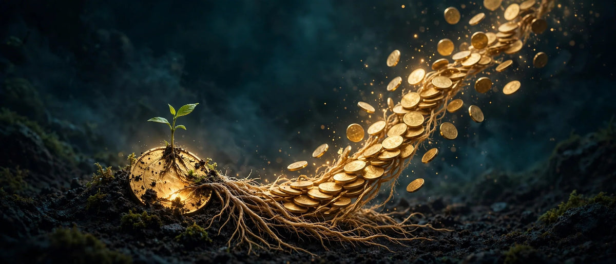 Sprout growing from a single glowing coin, first steps of the FIRE journey