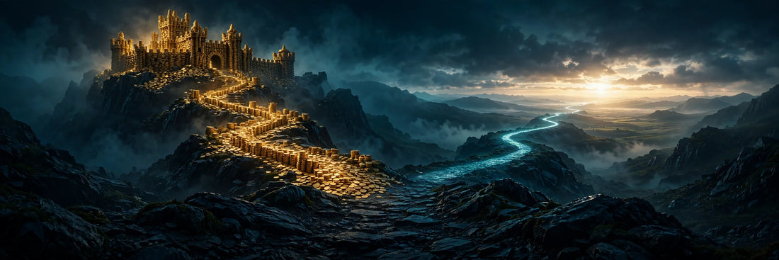 Mountain path splitting toward a coin fortress and an open horizon, independence versus freedom