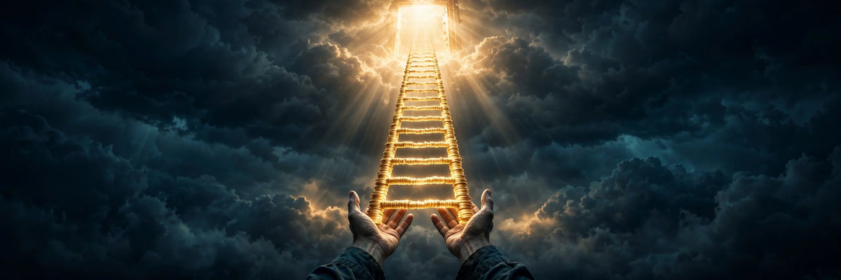 Ladder of glowing coins rising toward light, FIRE on a median income