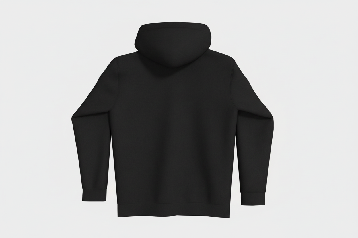 black hoodie on a light gray background