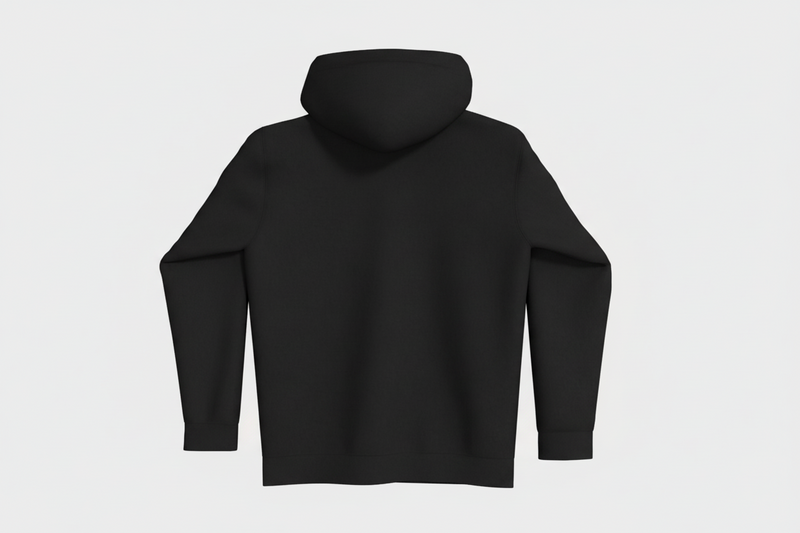 black hoodie on a light gray background
