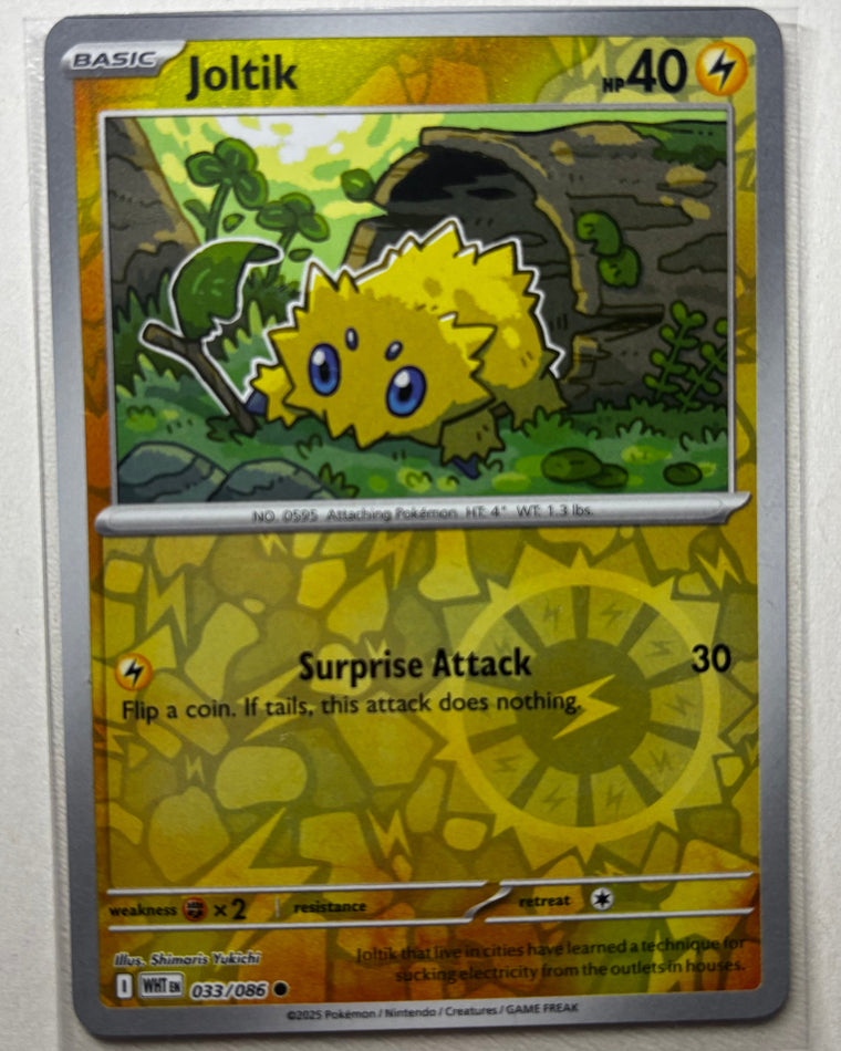 Joltik reverse holo Pokemon card in a clear sleeve