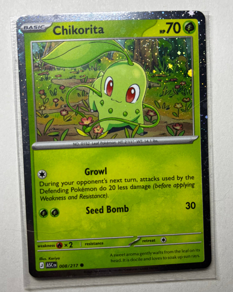Chikorita reverse holo Pokemon card in a clear sleeve