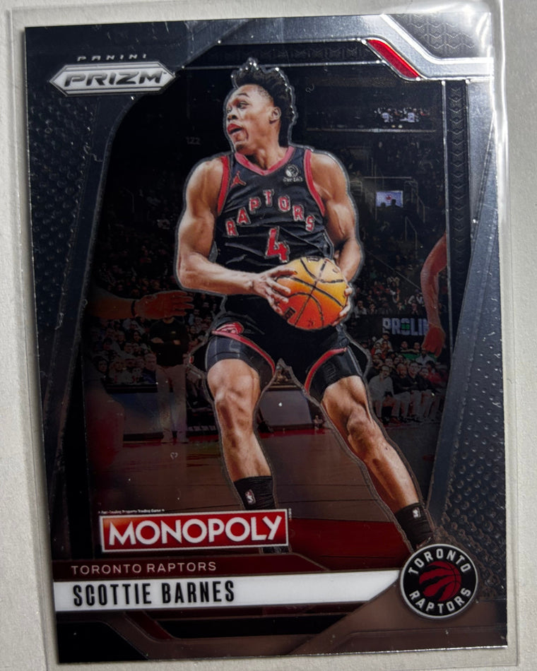 Scottie Barnes Panini Prizm Monopoly Toronto Raptors basketball card in a clear sleeve