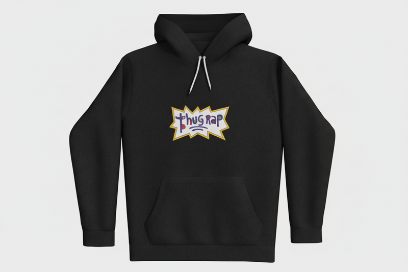 black hoodie with a colorful logo on a white background